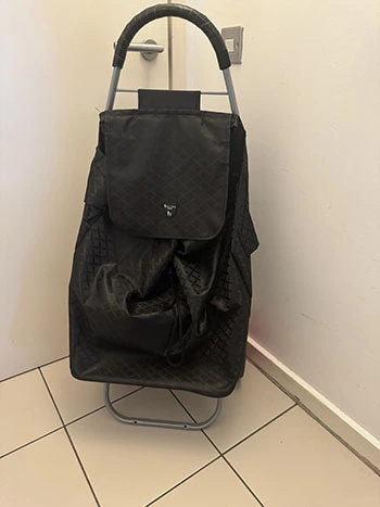 Front view of a black personal shopping trolley with cushioned handle